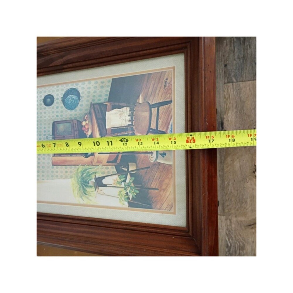 Vintage 1981 Signed Kitchen Print by C. Wray Farmhouse Wall Art in Wood Frame - Picture 9 of 10